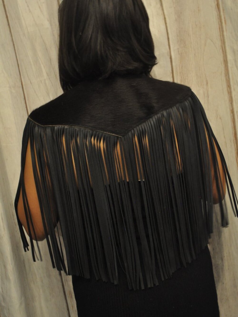 Black Cowhide & Leather Fringe Shawl – Western Statement Cape - Picture 3 of 3